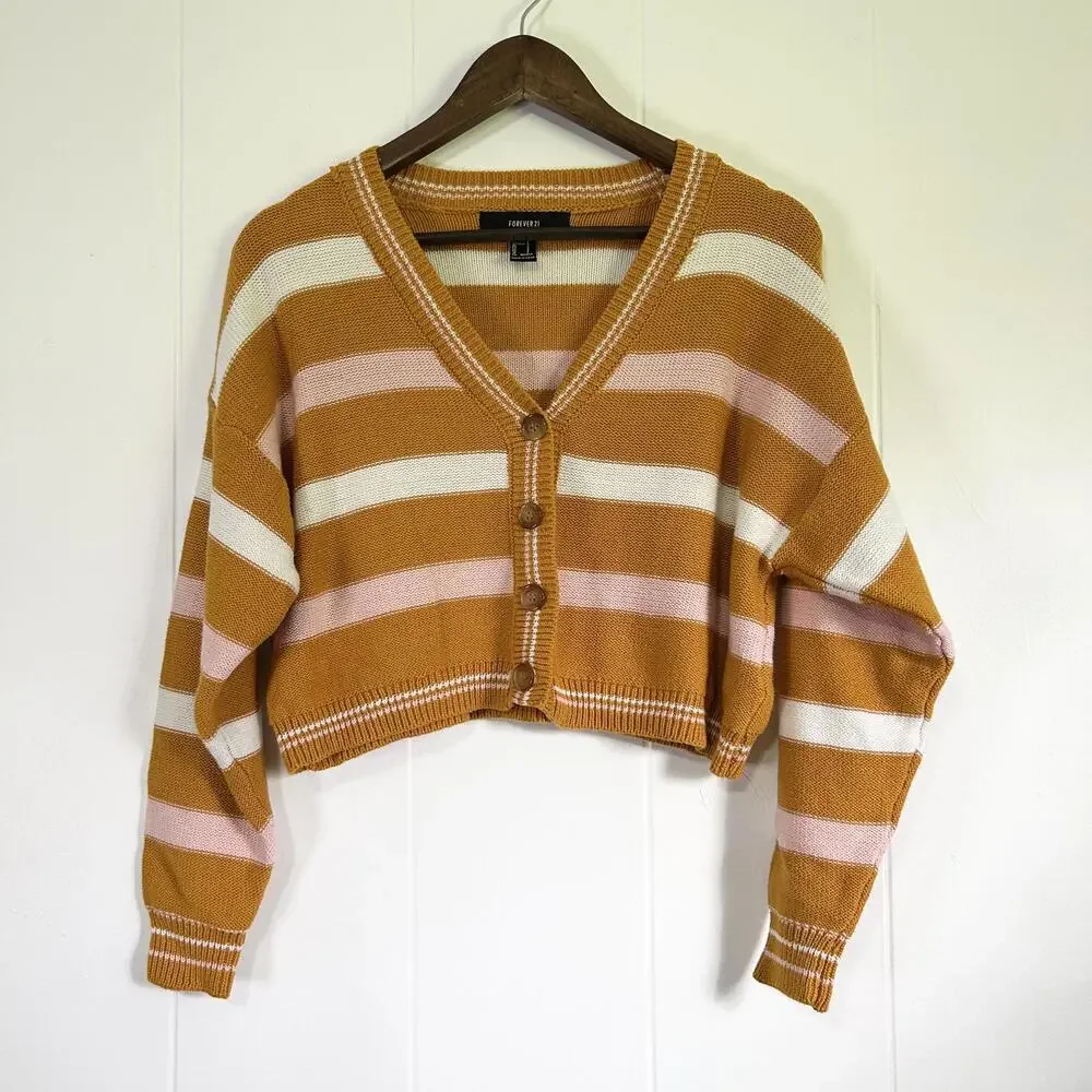Forever 21 Striped Long Sleeve Knit Cropped Cardigan Women's Small